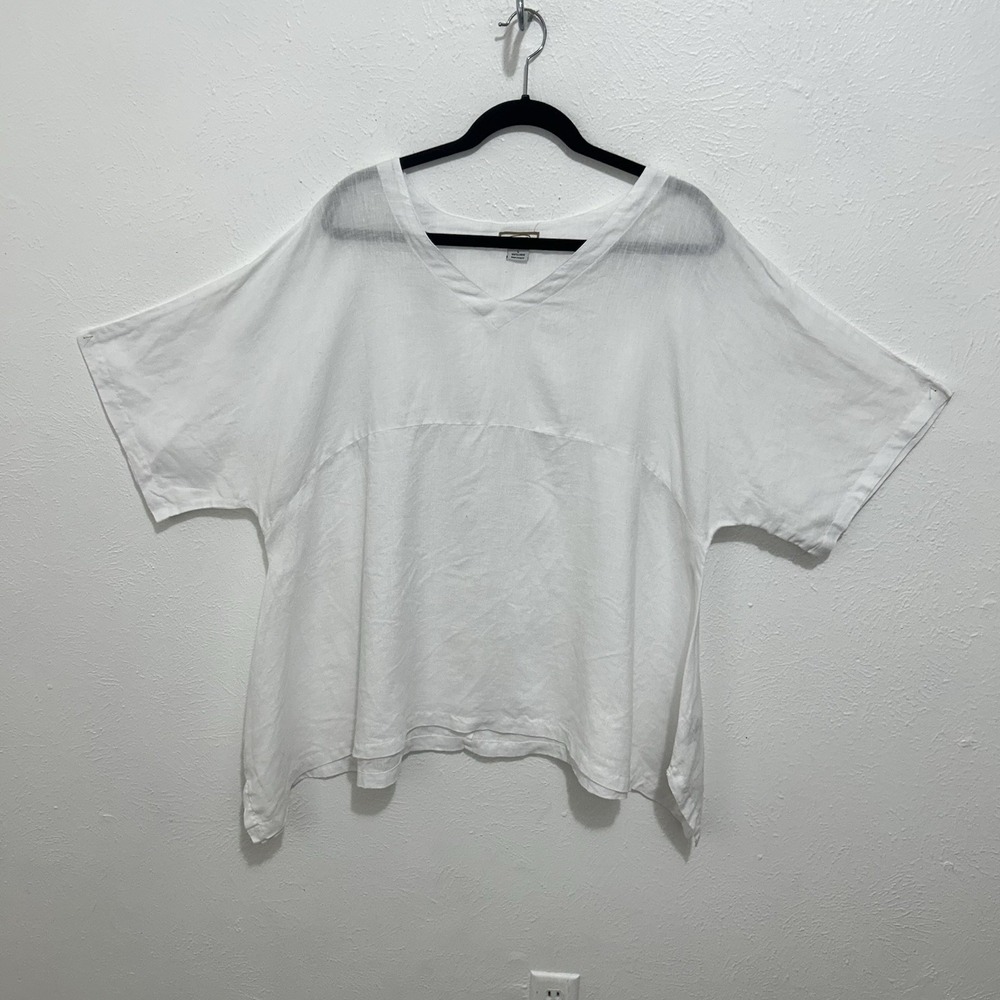 J.M.P JMP White 100%‎ Linen Tunic Top Blouse L Asymmetrical Hem Lagenlook Vacay